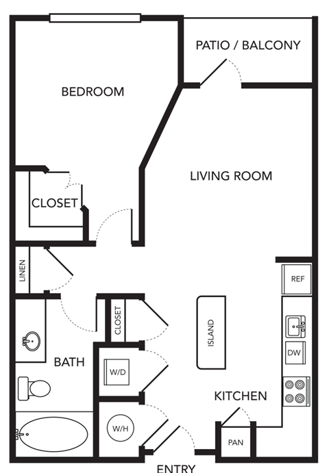 Floor plan for 1 bed, 1 bath, 575 sqft