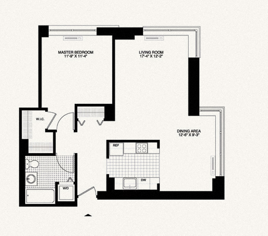 Floor plan for 1 bed, 1 bath, 832 sqft
