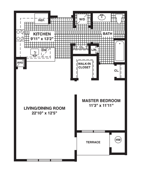 Floor plan for 1 bed, 1 bath, 932 sqft