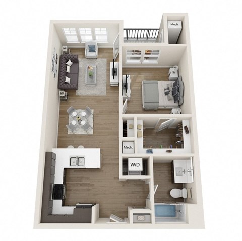 Floor plan for 1 bed, 1 bath, 835 sqft