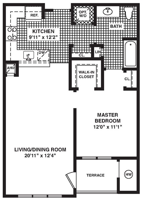 Floor plan for 1 bed, 1 bath, 791 sqft