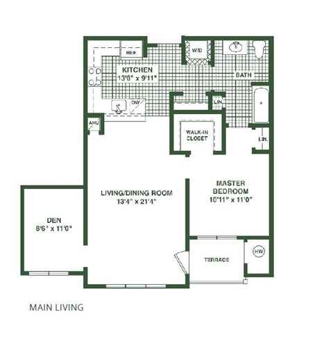 Floor plan for 1 bed, 1 bath, 900 sqft