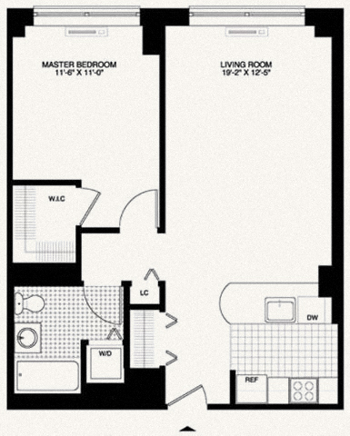 Floor plan for 1 bed, 1 bath, 741 sqft