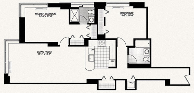 Floor plan for 2 beds, 2 baths, 1283 sqft