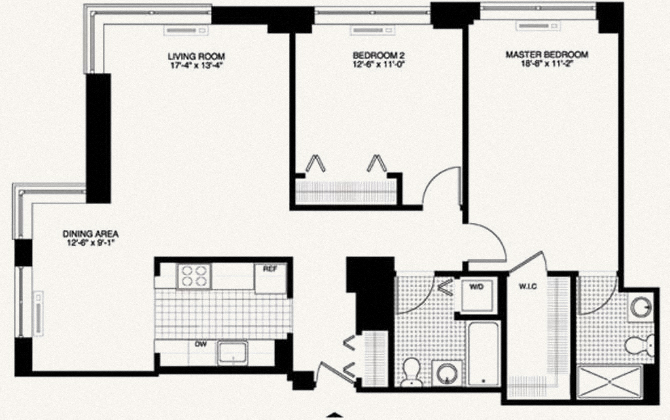Floor plan for 2 beds, 2 baths, 1241 sqft