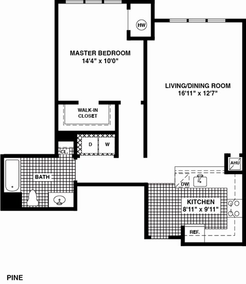 Floor plan for 1 bed, 1 bath, 1027 sqft