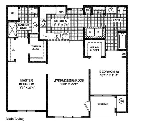 Floor plan for 2 beds, 2 baths, 1152 sqft
