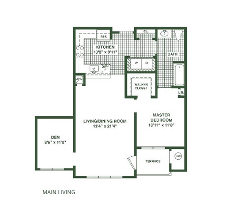 Floor plan for 1 bed, 1 bath, 900 sqft