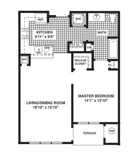 Floor plan for 1 bed, 1 bath, 741 sqft