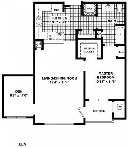 Floor plan for 1 bed, 1 bath, 900 sqft