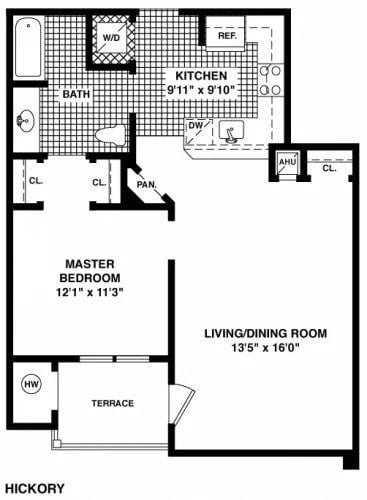 Floor plan for 1 bed, 1 bath, 787 sqft