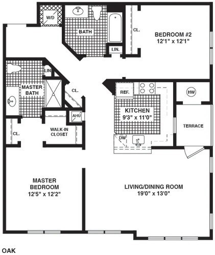 Floor plan for 2 beds, 2 baths, 1374 sqft