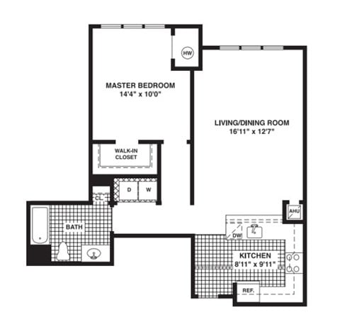 Floor plan for 1 bed, 1 bath, 1027 sqft