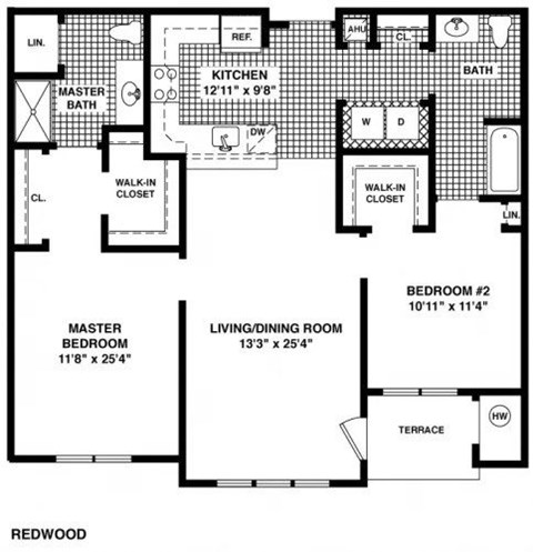 Floor plan for 2 beds, 2 baths, 1169 sqft