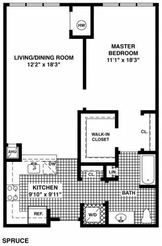 Floor plan for 1 bed, 1 bath, 849 sqft