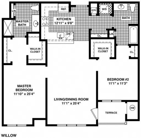 Floor plan for 2 beds, 2 baths, 1169 sqft