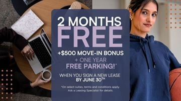 Mississauga apartment for rent - A promotional image offering 2 months free with a $500 move-in bonus and one year free parking when signing a new lease by June 30th.
