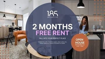 Mississauga apartment for rent - A woman stands in a kitchen with a sign offering 2 months free rent.