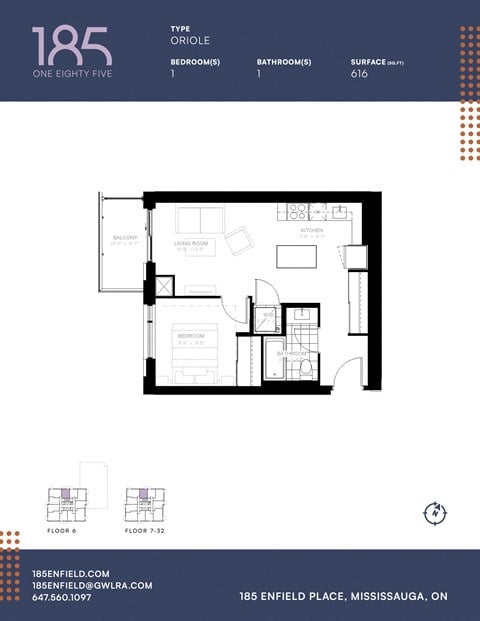 Floor plan for 1 bed, 1 bath, 649 sqft