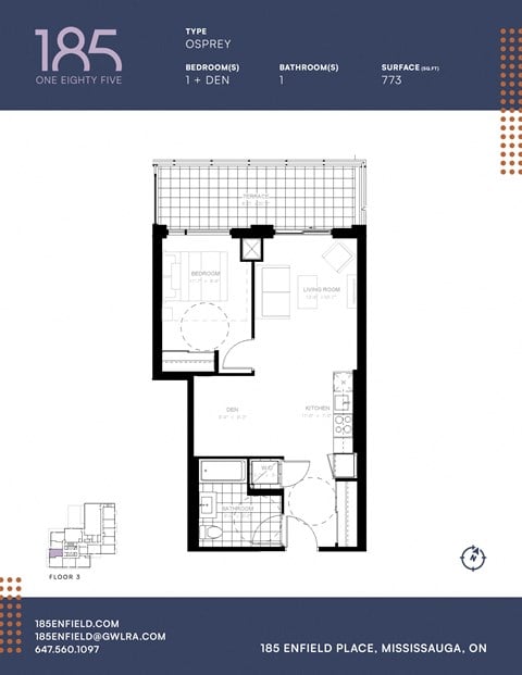 Floor plan for 1 bed, 1 bath, 653 sqft