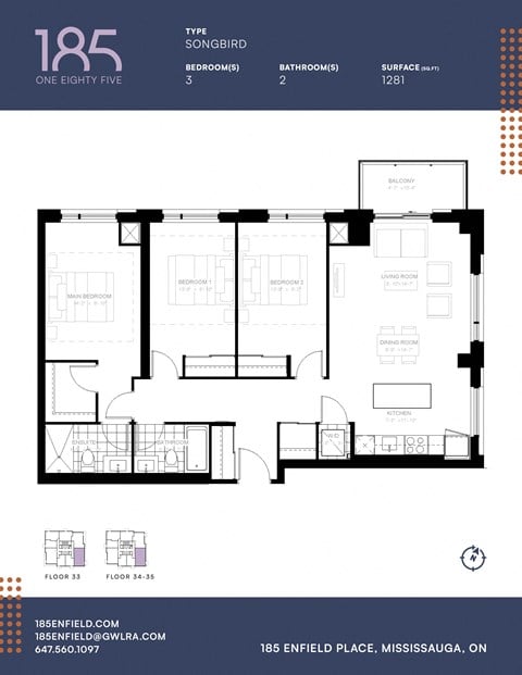Floor plan for 3 beds, 2 baths, 1112 sqft