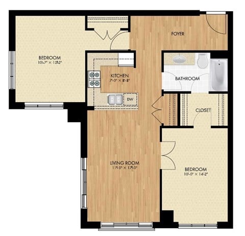 Floor plan for 2 beds, 1 bath, 894 sqft