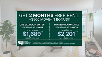 Toronto apartment for rent - A promotional image for GWL Residential offering free rent for two months and a $500 move-in bonus for certain bedroom suites.