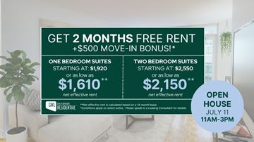 Toronto apartment for rent - A promotional image for GWL Residential offering free rent and a bonus for a limited time.
