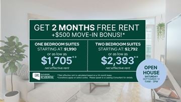 Toronto apartment for rent - A promotional image for GWL Residential offering free rent and a bonus for a limited time.