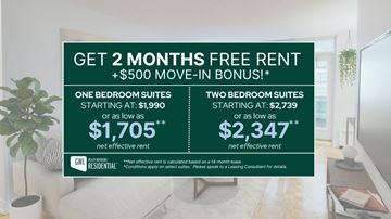 Toronto apartment for rent - A promotional image for GWL Residential offering free rent and a bonus for 2 months on one or two bedroom suites.