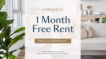 Vancouver apartment for rent - A promotional image for a 1 month free rent offer with a possible $500 bonus.