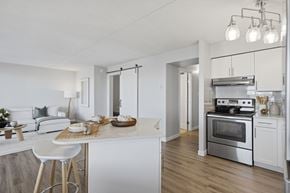 Edmonton apartment for rent - A modern kitchen with a breakfast bar and a stove top oven.