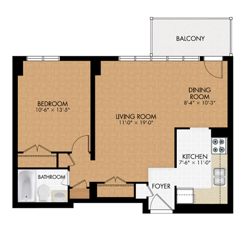 Floor plan for 1 bed, 1 bath, 618 sqft