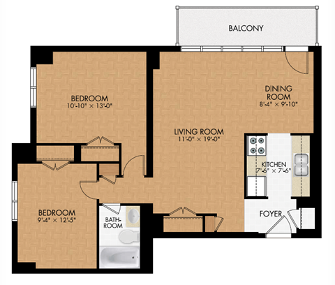 Floor plan for 2 beds, 1 bath, 618 sqft