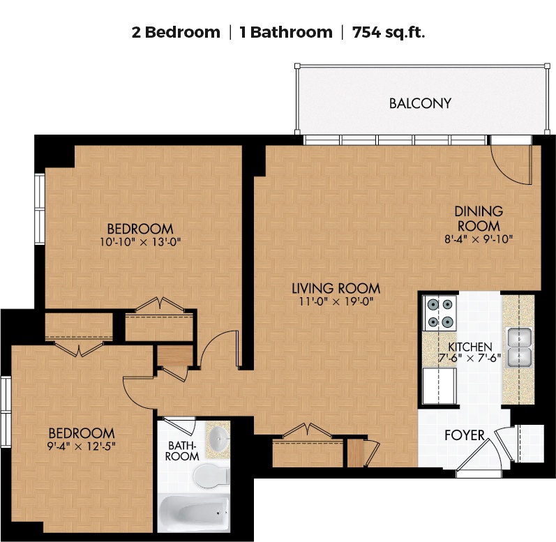Floor plan for 2 beds, 1 bath, 865 sqft
