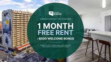 Edmonton apartment for rent - A promotional image for a 1 month free rent offer with a $500 welcome bonus.