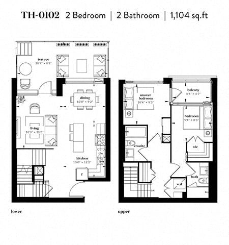 Floor plan for 2 beds, 2 baths, 1104 sqft