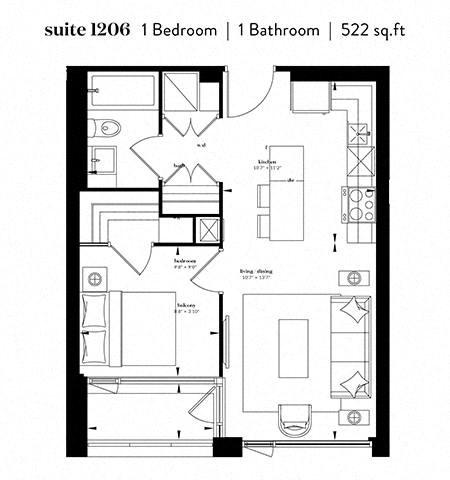 Floor plan for 1 bed, 1 bath, 711 sqft