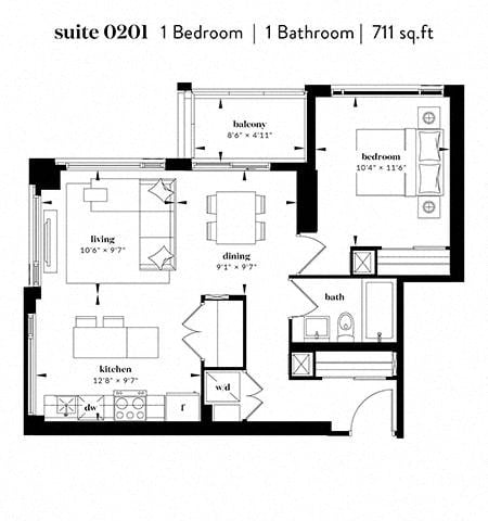 Floor plan for 1 bed, 1 bath, 765 sqft