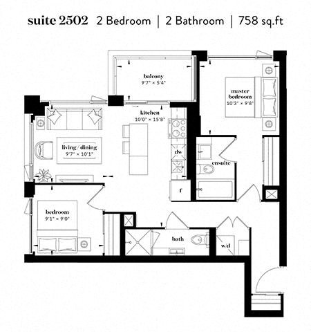Floor plan for 2 beds, 2 baths, 853 sqft
