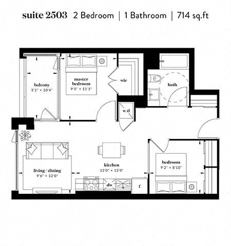 Floor plan for 2 beds, 1 bath, 708 sqft