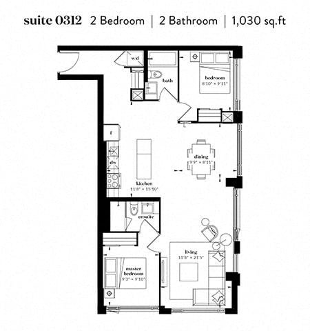 Floor plan for 2 beds, 2 baths, 900 sqft
