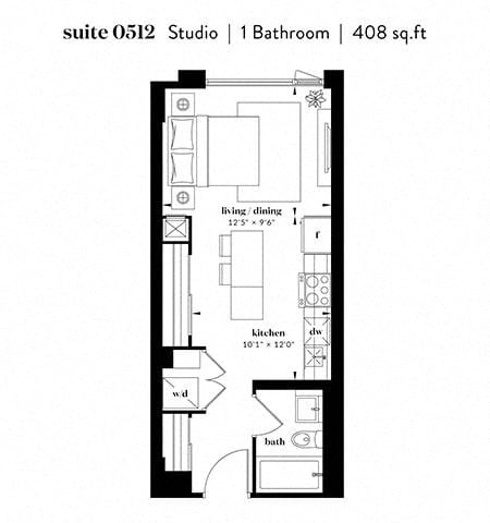 Floor plan for studio, 1 bath, 408 sqft