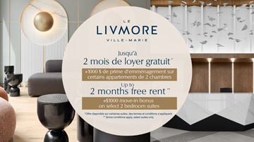 Montreal apartment for rent - A promotional image for Livmore Ville-Marie, offering a free 2-month rental bonus on select bedroom suites.