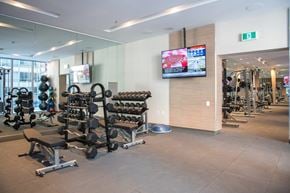 Toronto apartment for rent - A gym with a variety of equipment including weights and a television.