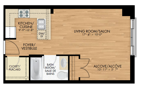 Floor plan for studio, 1 bath, 598 sqft