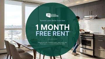 Edmonton apartment for rent - A woman is cooking in a modern kitchen with a promotion for 1 month free rent.