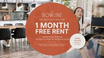 Vancouver apartment for rent - A promotional image for The Bowline, offering a free 1 month rent and a bonus for select studio and bedroom suites.
