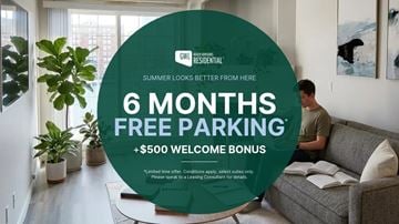 Edmonton apartment for rent - A man is sitting on a couch in a living room with a large green circle in the foreground advertising free parking and a welcome bonus.