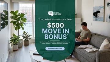 Edmonton apartment for rent - A man is sitting on a couch in a living room with a laptop, next to a poster offering a $500 move-in bonus.